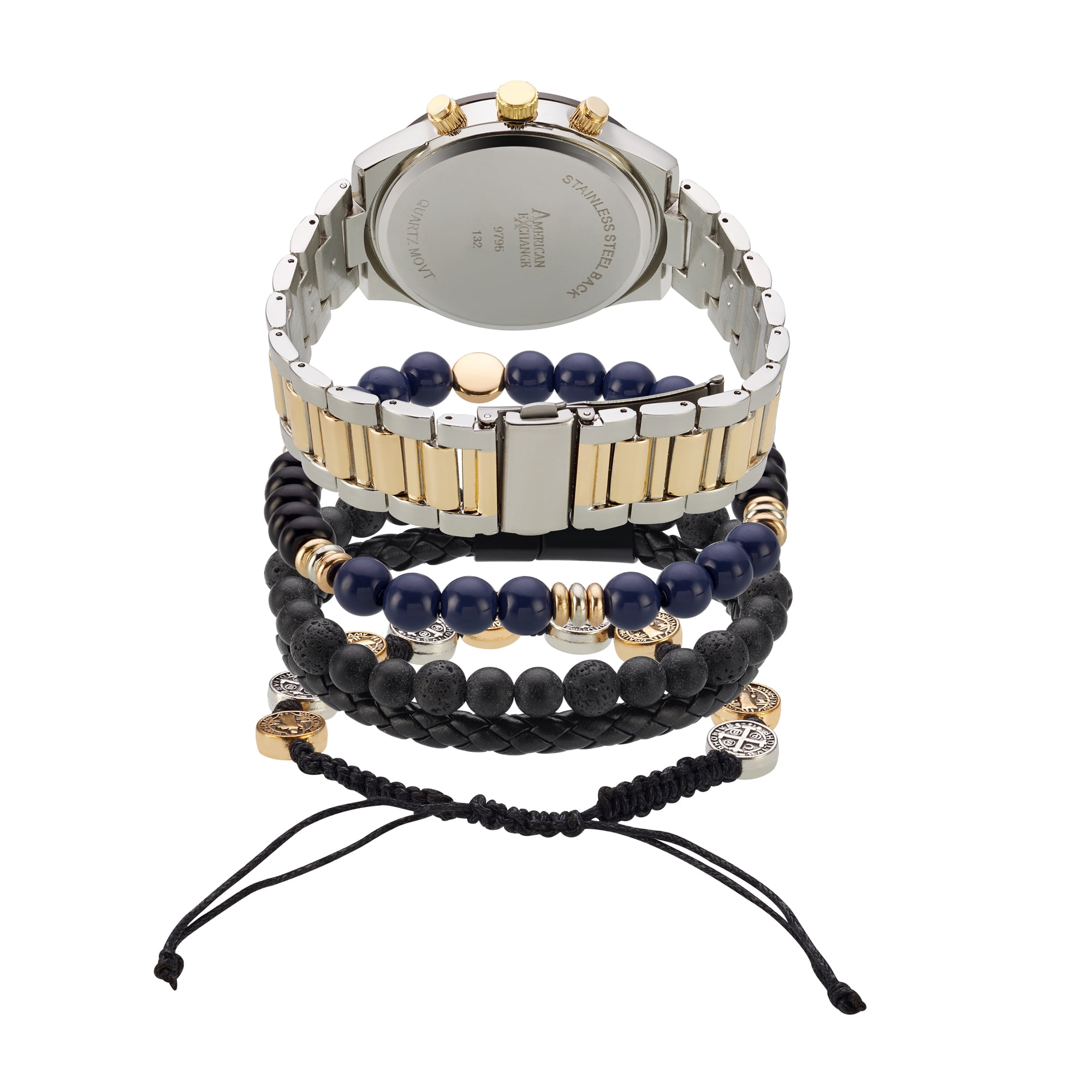 American Exchange Men's Analog Watch And 3 Piece Bracelet Set, Navy Sunray/Two Tone