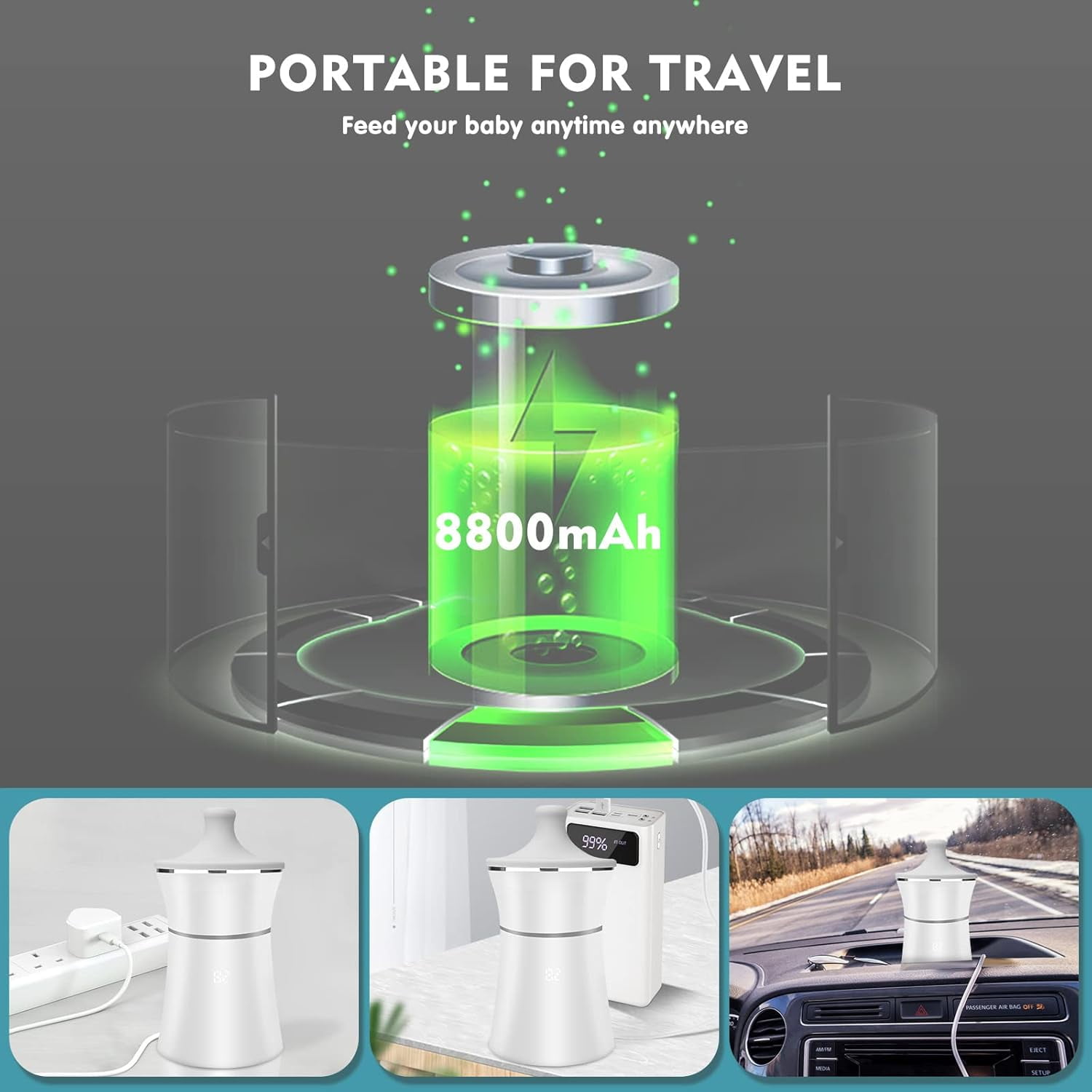 Swadeshgoods Portable Bottle Warmer, Fast Baby Bottle Warmer with 4 Adapters, Rechargeable On-The-Go Warmer with Precise Temperature Control for Breastmilk & Formula