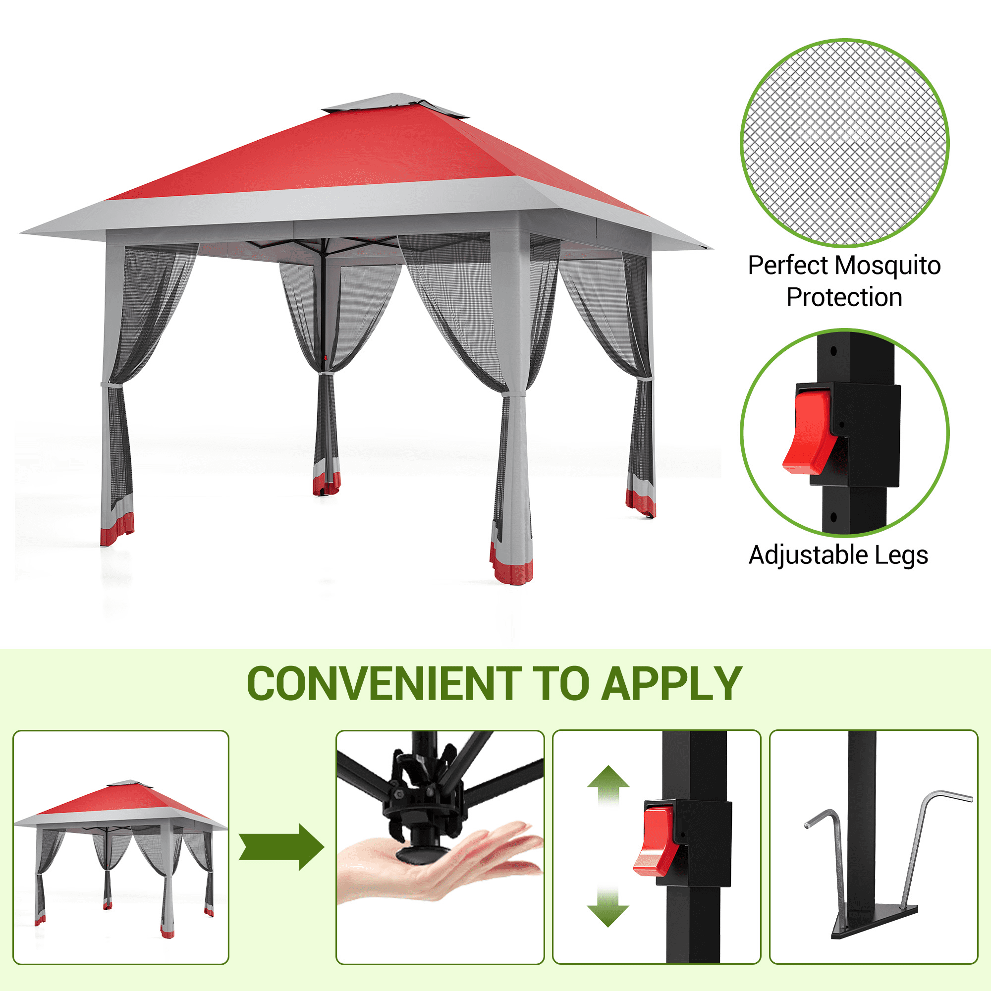 COZONY 13x13 FT Gazebo with Mosquito Netting, Adjustable Height Outdoor Canopy Tent, Double Roof UV Resistant Shelter for Patio Backyard Garden, Red