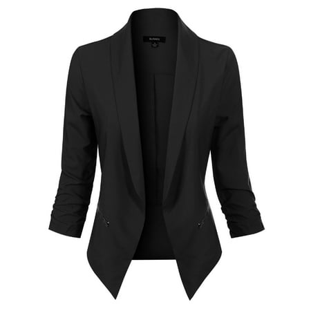 Cotton Solid Pockets Zipper - Made by Olivia Women's Solid Open Front 3/4 Sleeve Side Zipper Pocket Formal Style Blazer Black 2XL