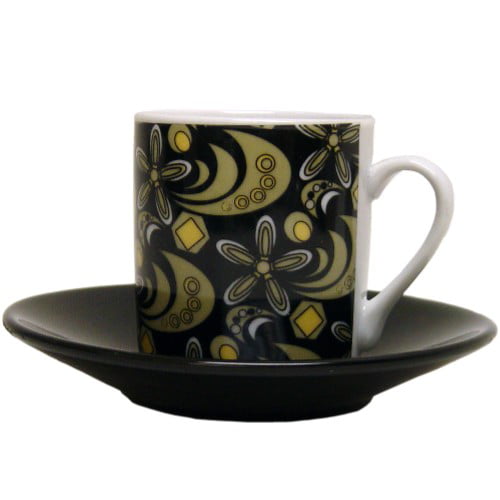 Set 6 Italian-Style Black Stoneware Demitasse Espresso Coffee Cups With Saucers
