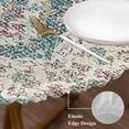 thumbnail image 3 of Beige Teal Boho Round Tablecloth, Fitted Table Cover with Elastic for 45"-54" Round Tables, Medieval Vintage Ethnic Floral Abstract Table Cloth Outdoor Indoor Dinning Party Waterproof Tablecloths, 3 of 7