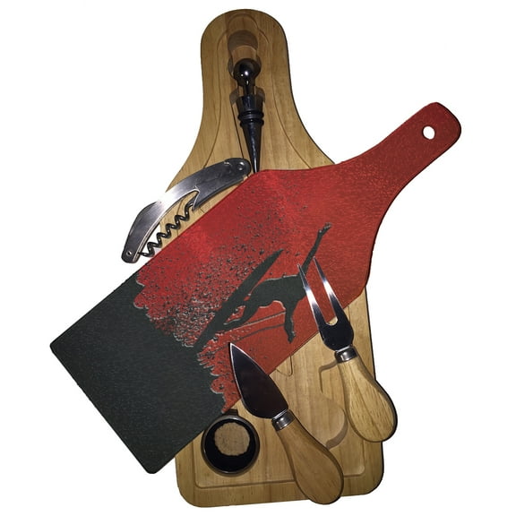 KuzmarK Wine & Cheese Glass Cutting Board Wood Box Gift Set - Surf the Waves
