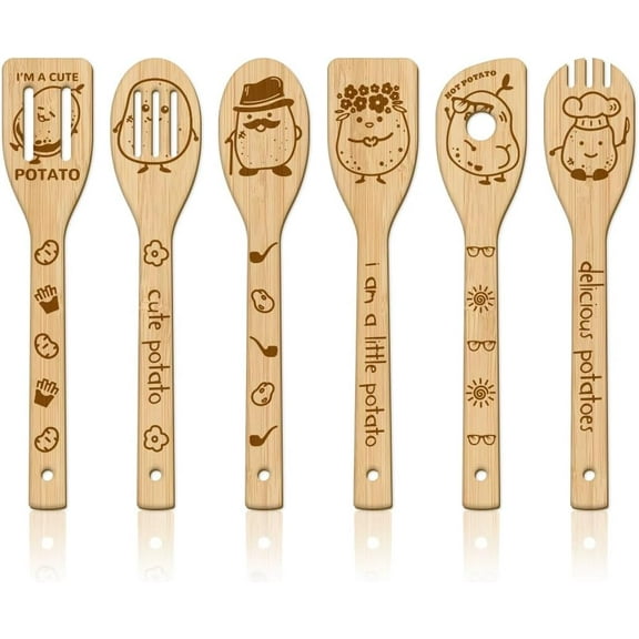 6Pcs Funny Cute Potato Wooden Spoons Utensil Set Bamboo Carving Kitchen Cooking Utensils Wooden Engraved Cooking Spatula Set for Kitchen Fun House Warming Gift