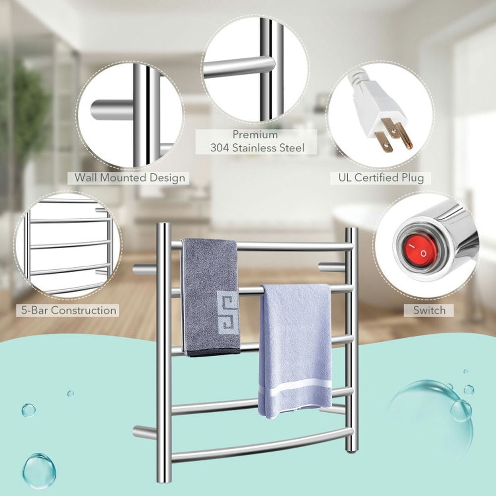 Finihen Wall Mounted Towel Rack, Electric Heated Towel Rack, Electric Heated Towel Warmer Wall Mount Drying Rack 304 Stainless Steel, for Bathroom, laundry Room, Silver