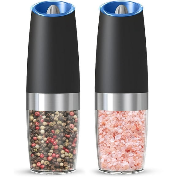 Mangchuang 2 Pack Gravity Electric Pepper and Salt Grinder Set, Battery Powered Automatic Mill Grinder with LED Light, One Hand Operated, Adjustable Coarseness