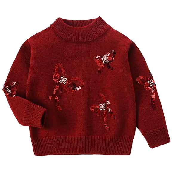 Girls Crew Neck Sweater Long Sleeve Glitter Bow Knitted Pullover Tops Casual Loose Comfy Stylish Clothes (2 Years, Red)
