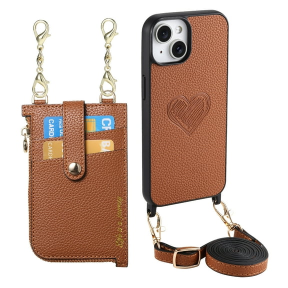 Wallet Case for iPhone 15 with Detachable Card Holder, PU Leather Shoulder Strap Chain Crossbody Phone Cover, Card Slots Heart Pattern Zipper Purse Case with Lanyard for iPhone 15, Brown
