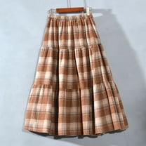 Mqqzkk Long Plaid Skirt for Womens Spring Fall High Elastic Waist Skirts A Line Flared Pleated Soft Comfy Skirts