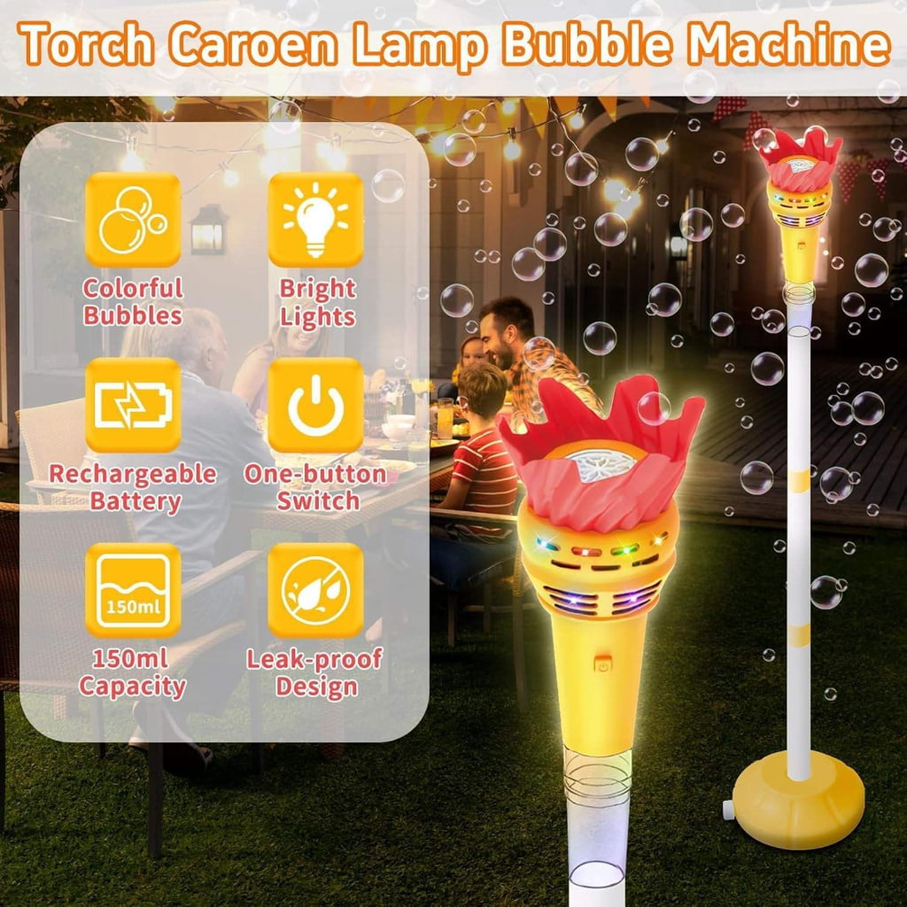 Miiottaa Light Up Music Bubble Machine With Sound Effects Torch Shape Bubble Blower Rechargeable Bubble Maker For Park Beach Game