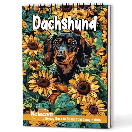 Netecom Dachshund Coloring Book Spiral Bound for Adults A5 Wooden Cover 30 Coloring Pages of Cute Dachshund Dogs Playful Poses Funny Pups Flowers and Butterflies for Stress Relief and Relaxation