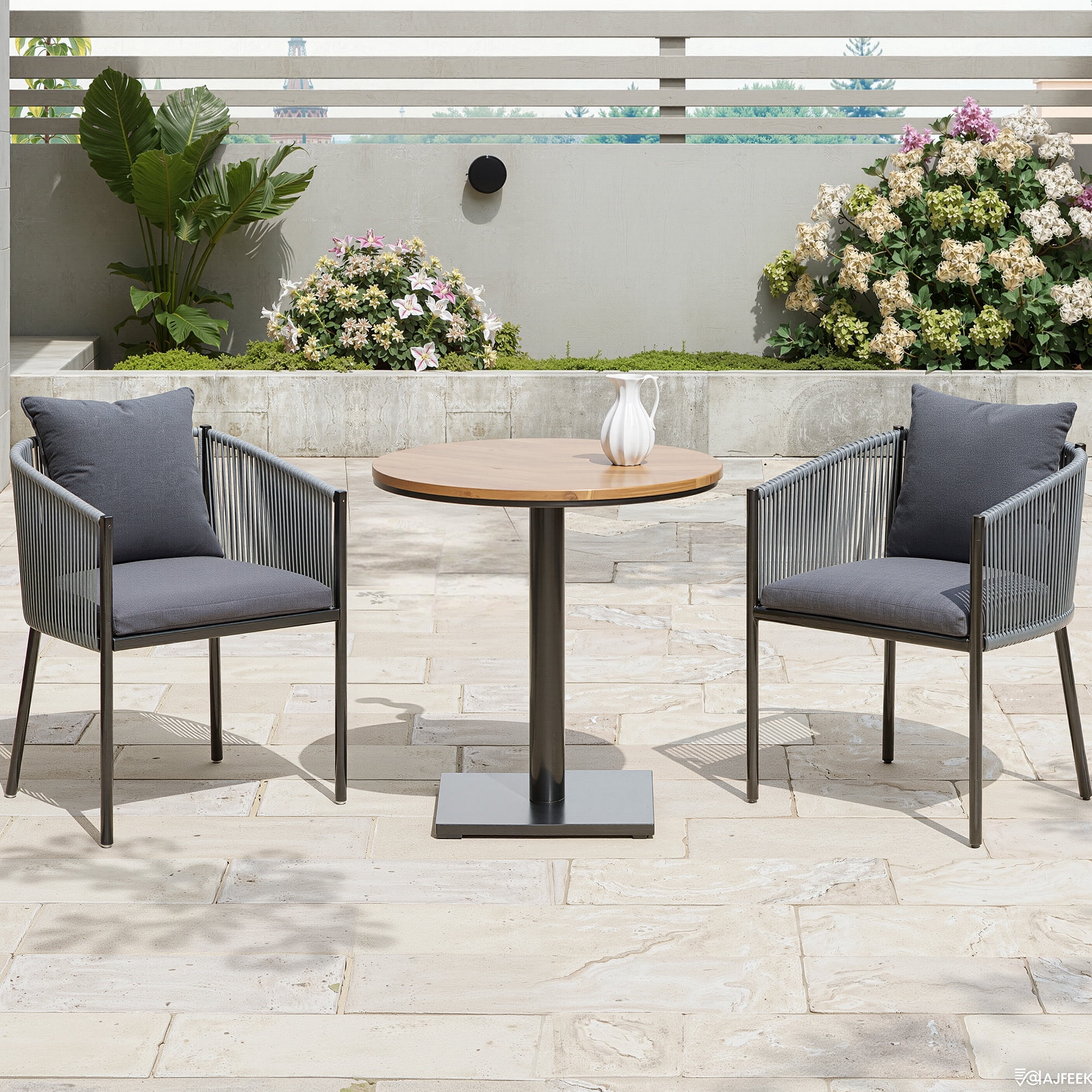 MAYEERTY Gray 5-Piece Outdoor Rattan Dining Set:4 Chairs with Cushions & Round Wood-Look Table, Weatherproof