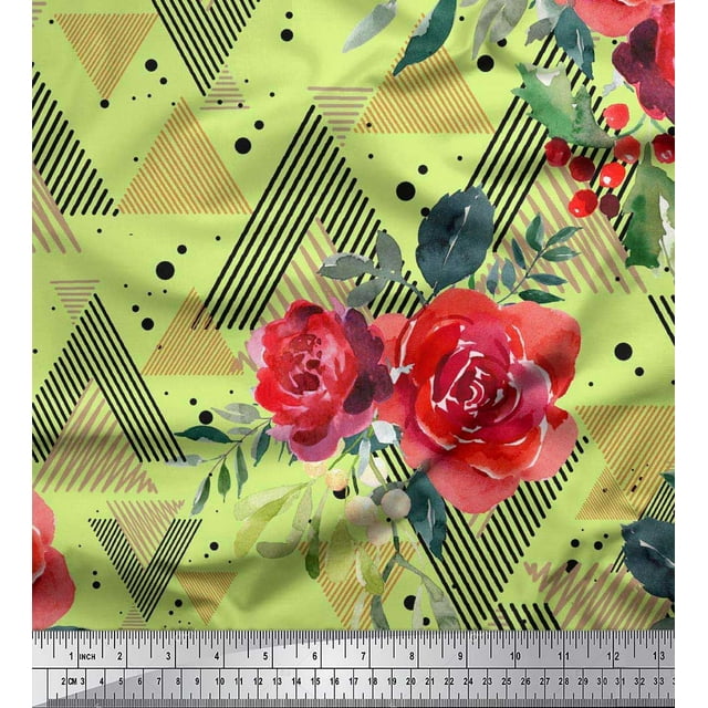 Soimoi Green polyester Crepe Fabric Geometric,Leaves & Begonia Floral Print Fabric by Yard 42 Inch Wide