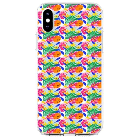 DistinctInk Clear Shockproof Hybrid Case for iPhone X / XS (5.8" Screen) - TPU Bumper, Acrylic Back, Tempered Glass Screen Protector - Summer Vibes Floral Pattern Pink Green Orange