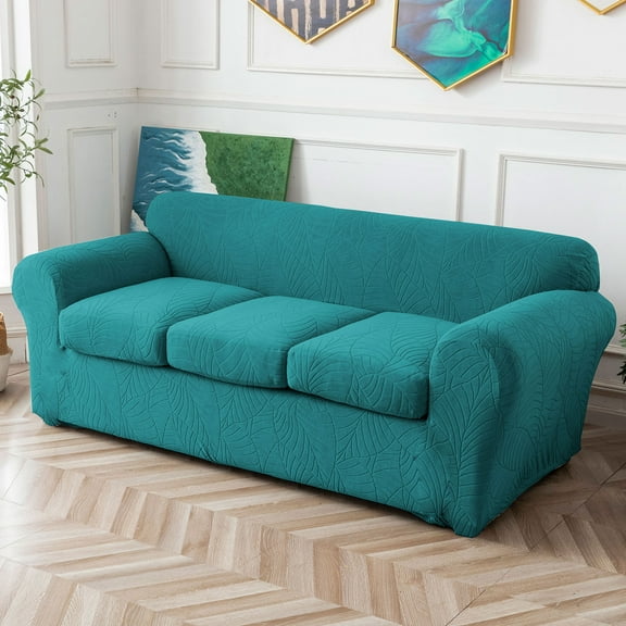 Three seater sofa cover with leaf texture, fabric protection, pet friendly, beautiful, easy to clean, non slip, waterproof, beautifying sofa, used in living room and bedroom