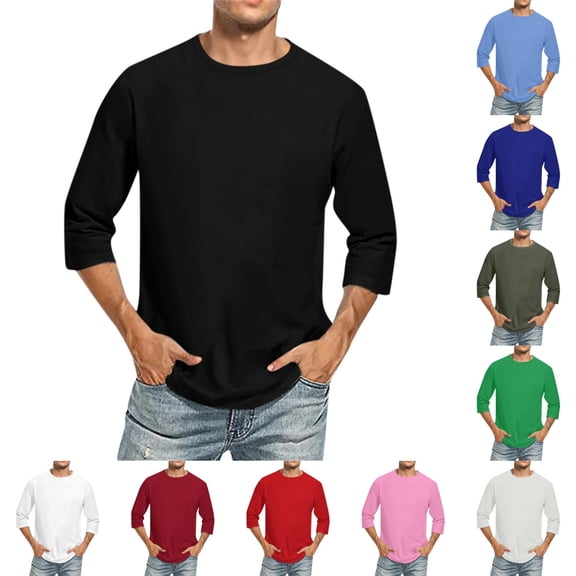 3/4 Sleeve Shirt for Men Solid Color Crew Neck Baseball T-Shirts Summer Casual Loose Fit Three Quarter Sleeve T Shirts Black 2XL