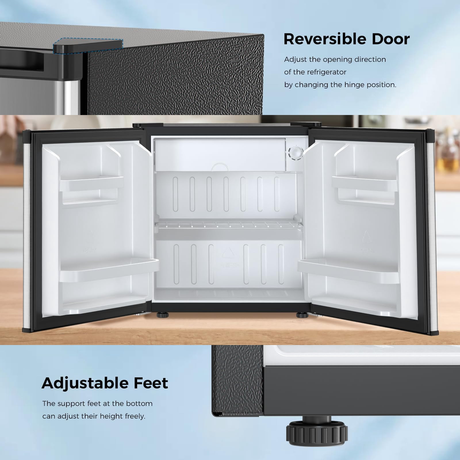 FREE VILLAGE Compact Refrigerator,1.7 Cu.ft Mini Fridge with Freezer,Small Refrigerator for Dorm,Office,RV,Bedroom,Adjustable Thermostat,Low Noise,Energy-efficient,Reversible Door (Stainless steel)