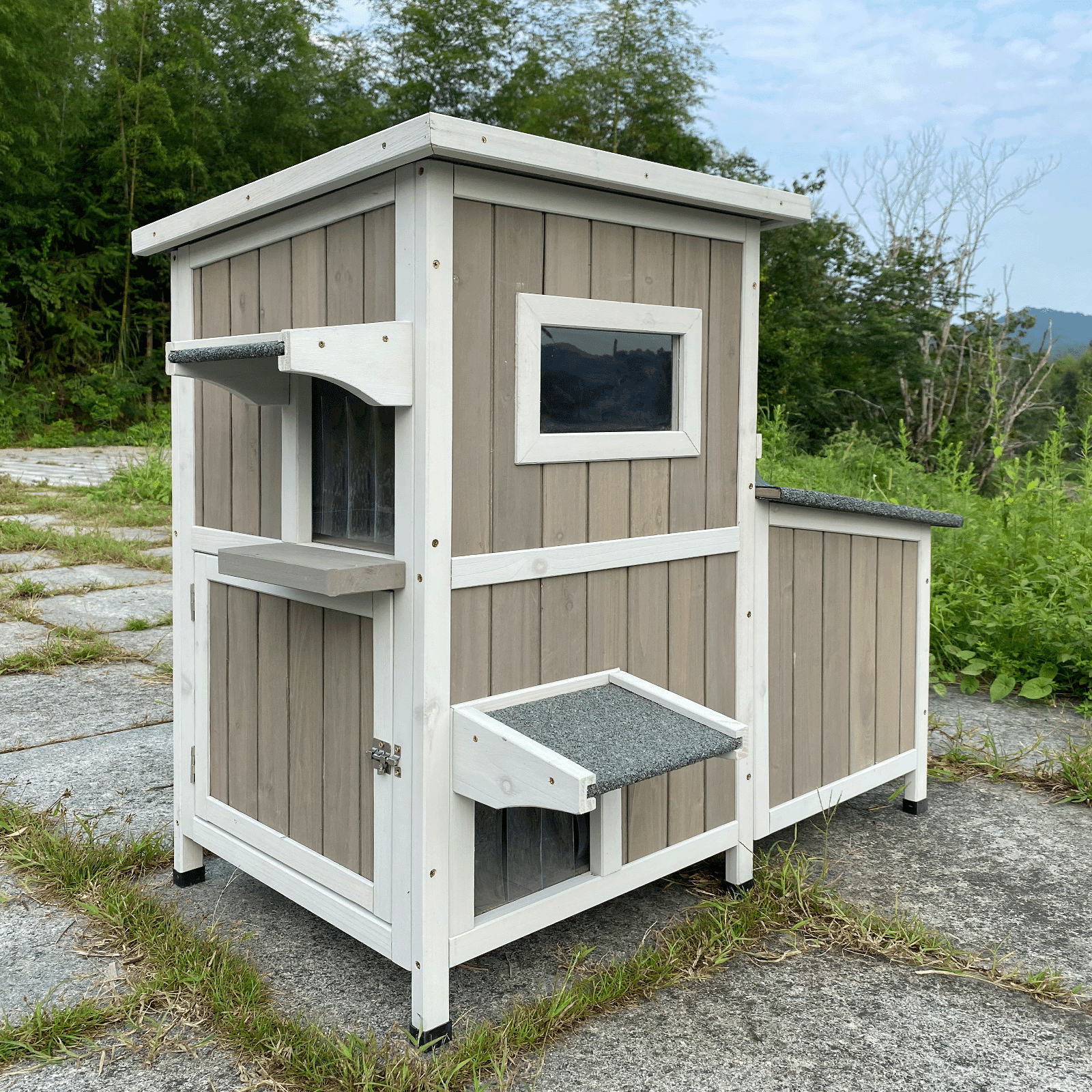 PETSCOSSET Outdoor Cat House  2-Story Wooden Condo - Weatherproof, Acrylic Window - Gray