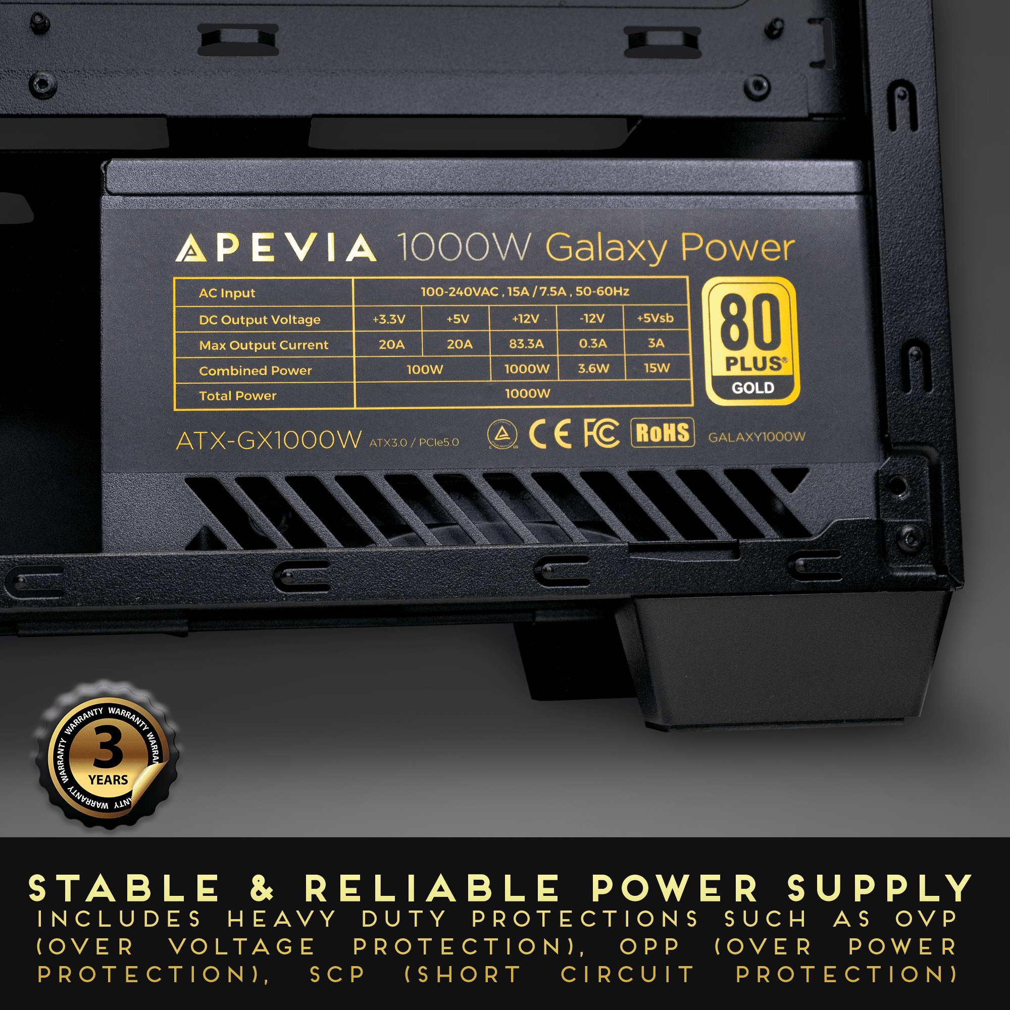 Apevia ATX-GX1000W PCIe 5.0 & ATX 3.0 Ready Galaxy 1000W 80+ Gold Certified, Gen 5 12VHPWR Connector, Active PFC ATX Semi-Modular Gaming Power Supply