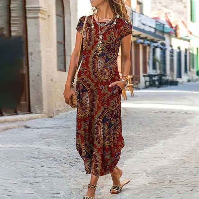 Robes Longues Bohèmes à Imprimé Floral pour Femmes Été Col Rond Manches Courtes Poches Robe Femme Vintage Décontractée Maxi Robes de Soirée