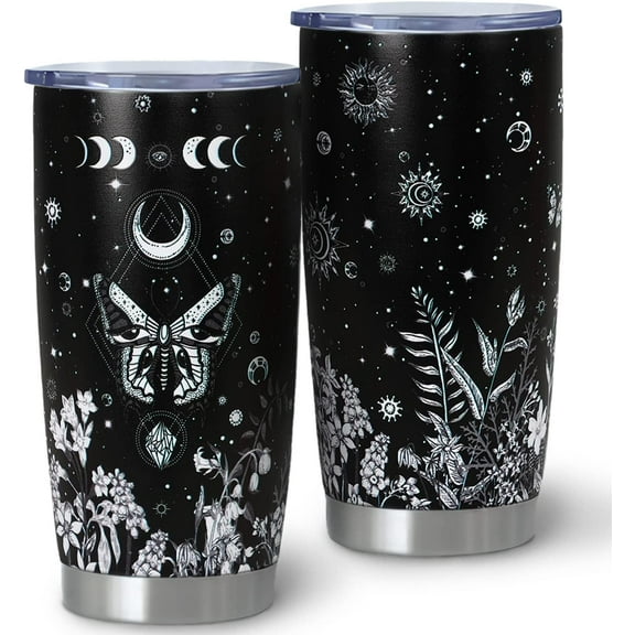Goth Tumbler with Lid and Straw, 20oz Insulated Halloween Tumbler, Witchy Stuff, Butterfly Coffee Mug, Halloween Gifts for Women, Reusable black Stainless Steel Tumbler Cups