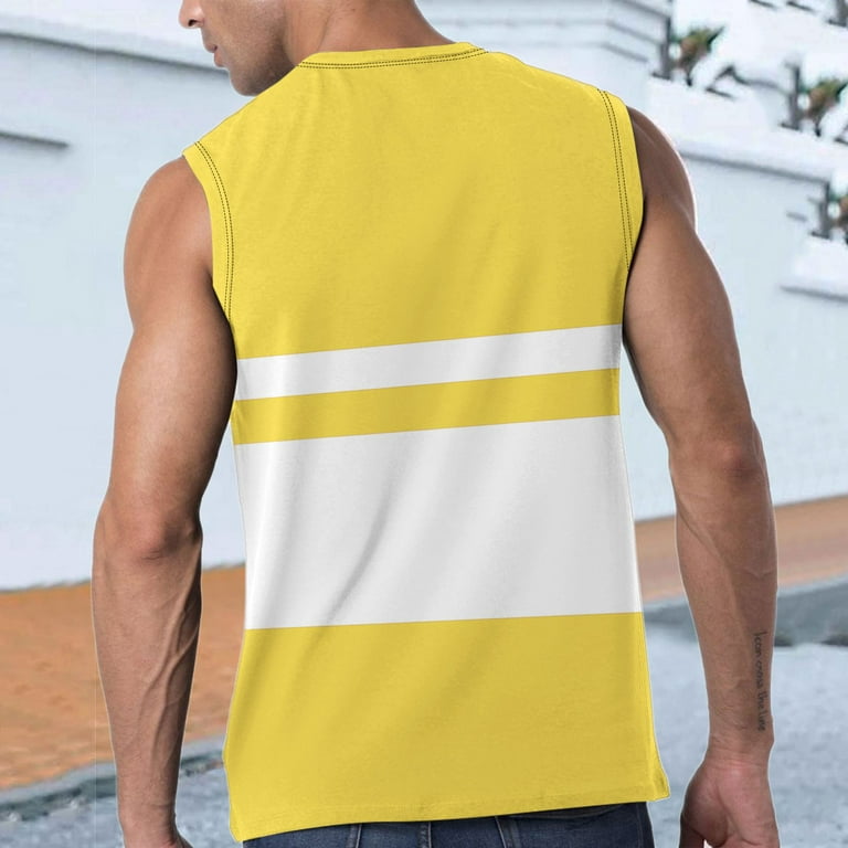 MRULIC tank tops men Men Summer Casual Beach Top Shirt Fashion Sports  Striped Sleeveless Beach Shirt Top Loose Tank Top Shirt Men Tank Tops White  + L