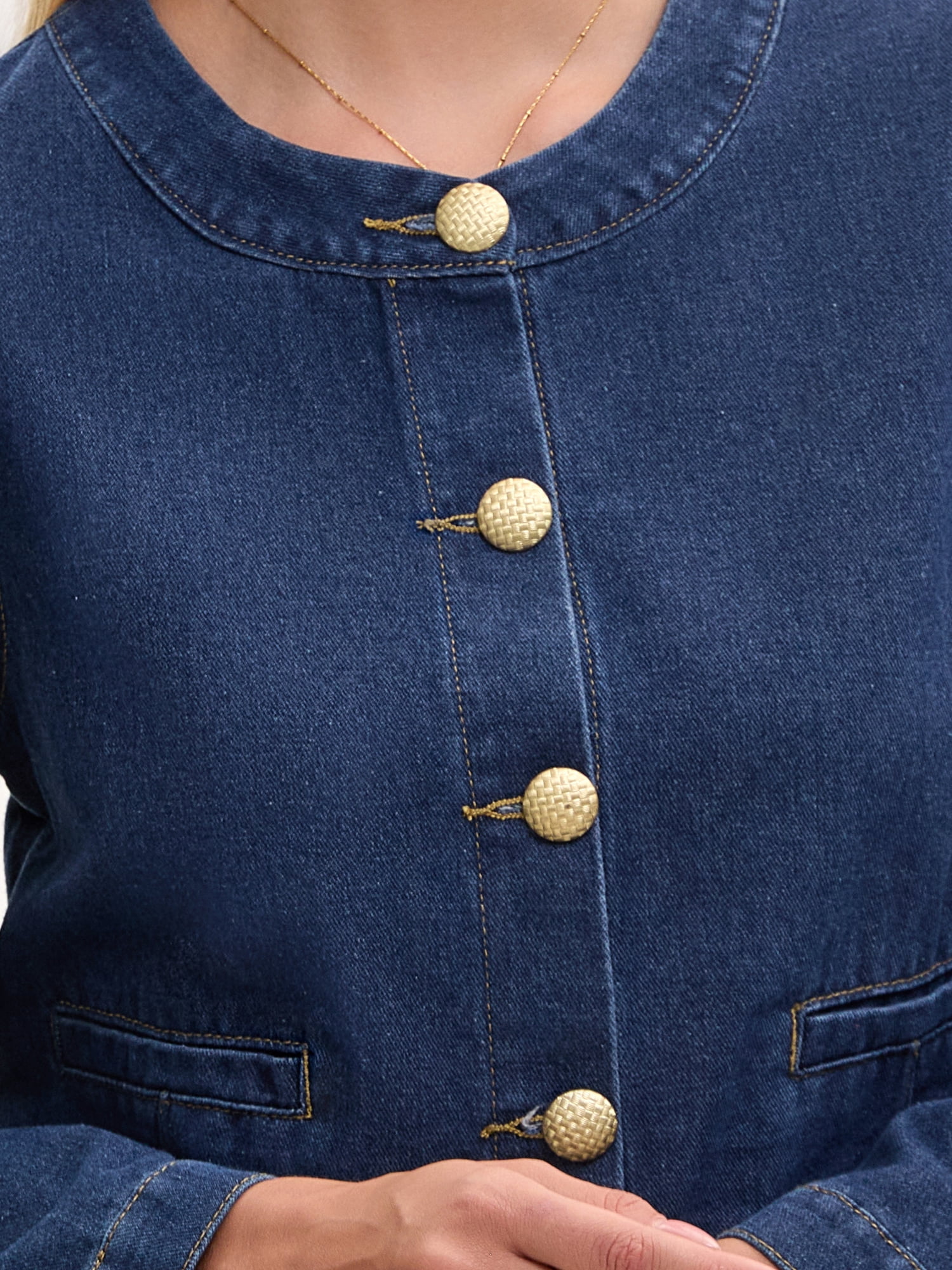 DARING DIVA Women's Collarless Long Sleeve Button Down Jean Jacket M Dark Blue