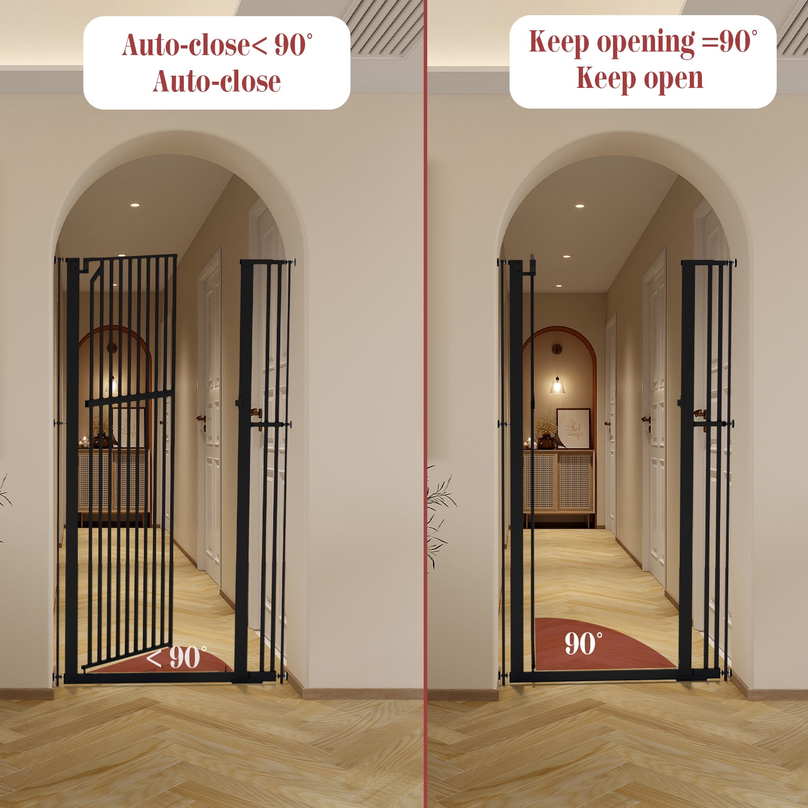 KORIMEFA 63" Extra Tall Baby Gate for Stairs 30"-37.8" Extra Wide Dog Gate for Doorways Hallways, Pressure Mounted Child Gate for Wide Opening, Auto Close Personal Safety for Babies and Pets, Black