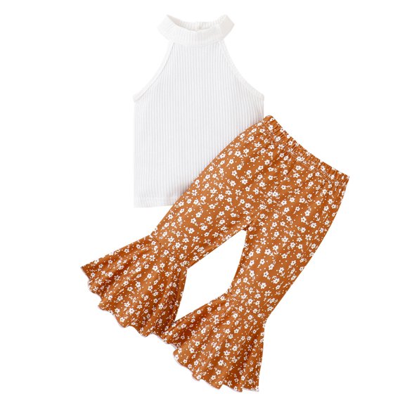 Boys Girls Two Piece Outfits Toddler Kids Baby Girls Fashion Cute Sweet Print Halter Vest Flared Pants Suit Summer Outfits for Girls Boys
