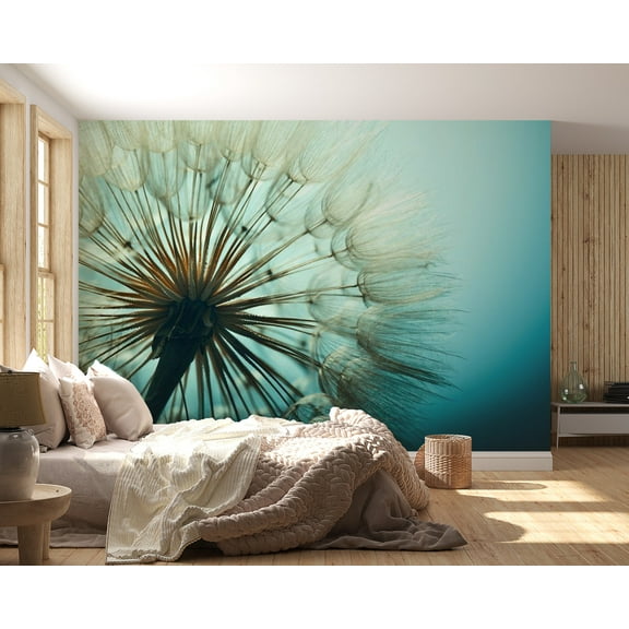 Tiptophomedecor Peel and Stick Floral Wallpaper Wall Mural - Blue Fascination Dandelion - Removable Wall Decals