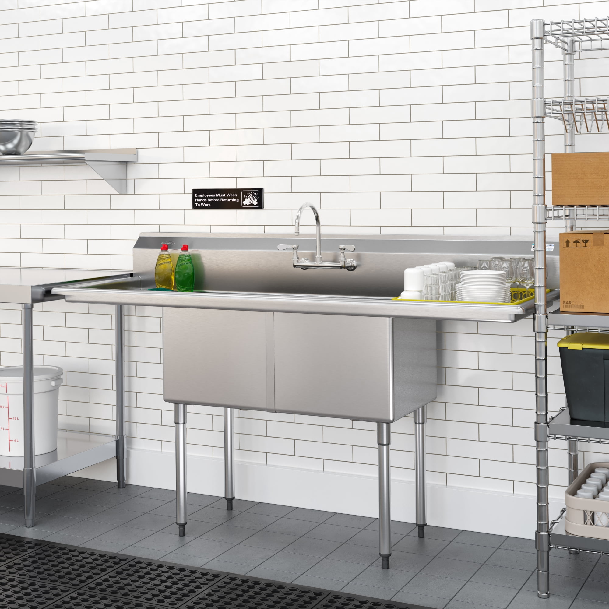 72 in. 18-Gauge 2-Compartment Commercial Sink with Backsplash and Dual 18 in. Drainboards, Bowl Dimensions 18"x18"x14" in Stainless-Steel (KM-SB181814-18B3)
