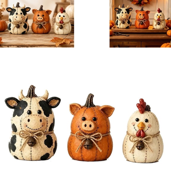Rustic Farm Pumpkin Friends Decor Set of 3,Plush Cow Pig Chicken Fall Decor,Hand Animal Decorations Shelves, Mantels, Tables and Thanksgiving Displays