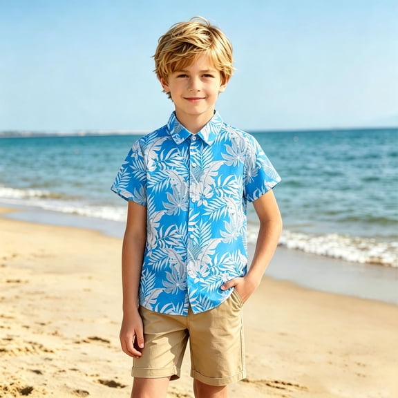 FYDUU Boys Hawaiian Shirt Tropical Print Short Sleeve Botton Down Shirts Lightweight Casual Shirt For Kids Tops Summer Floral Beach Shirts 14-15 Years