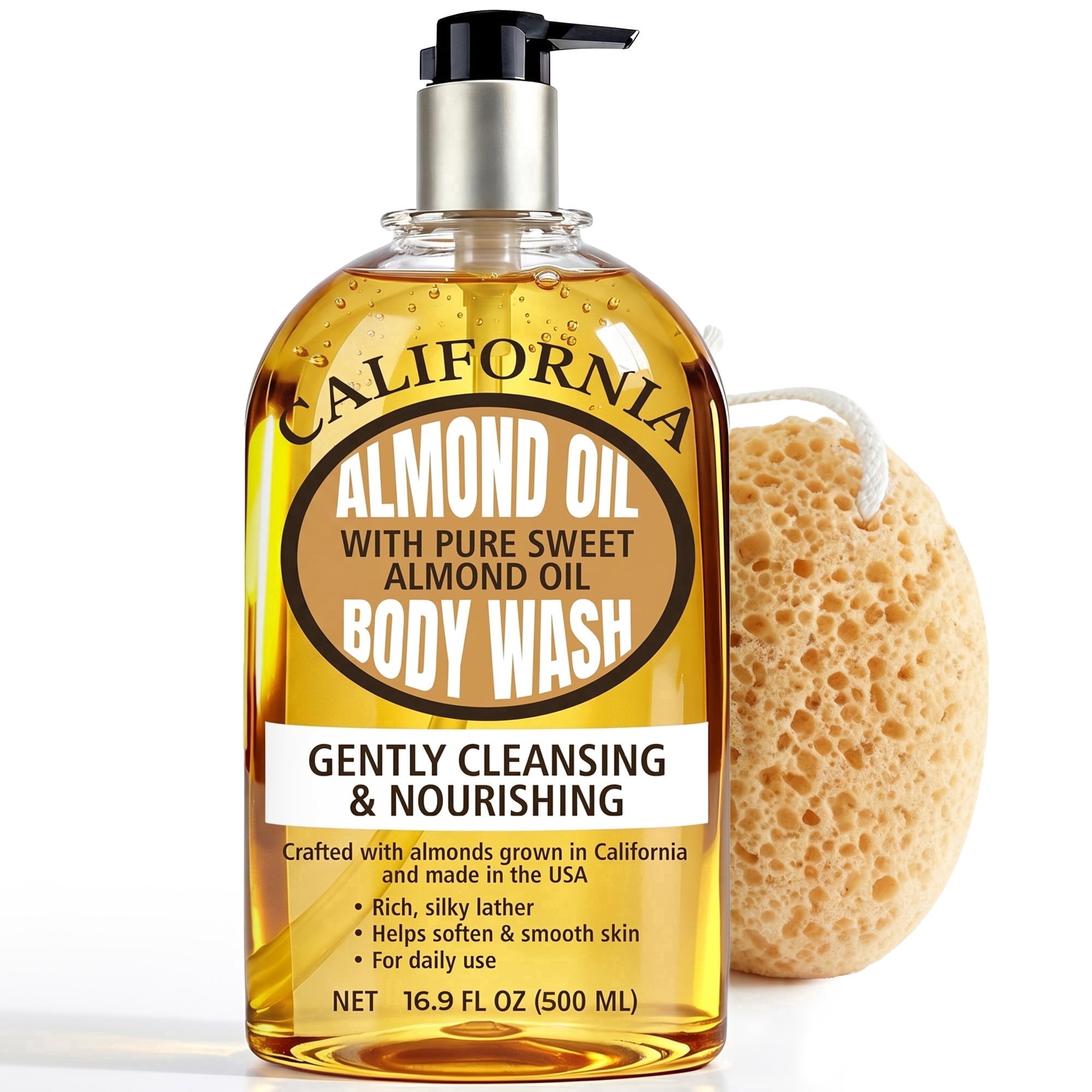 Terramed Almond Shower Oil & Body Wash | Sweet Almond Cleansing Oil for Dry Sensitive Skin | Hydrating Shower Body Oil for Soft Smooth Skin | Moisturizing Daily Cleanser With Sponge 16.9 Fl Oz