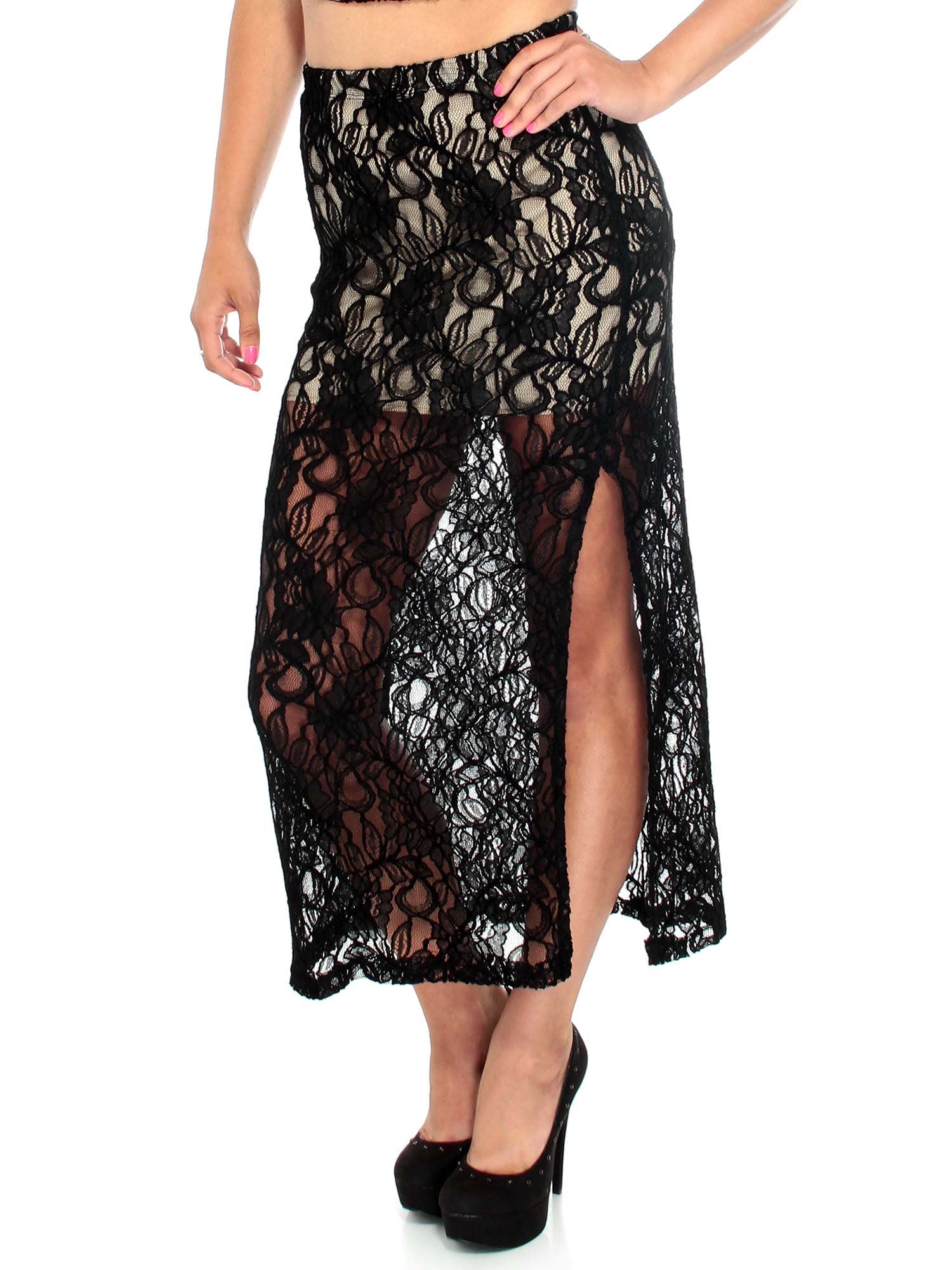 Sexy Slit Mini Skirt w Floral Lace 