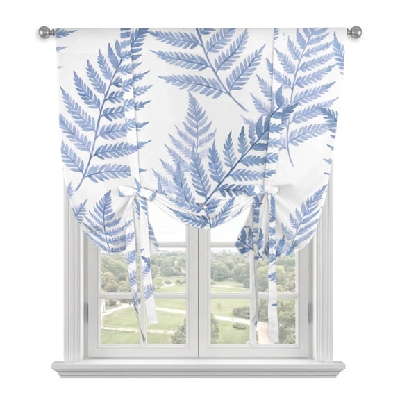 Blue Ferns Tie Up Curtains for Small Windows,Adjustable Rod Pocket Valance 45 Inch Short, Spring Summer Botanical Leaves Window Treatment Balloon Roman Blind Shade, 34" x 45"