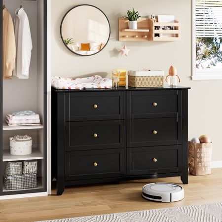 Spacious Storage Solution Dresser - 6 Drawer Modern Wooden Chest for Bedroom - Deep Drawers & Metal Knobs - Wide Organizer Cabinet for Closet Nursery Living Room Entryway Hallway - Black