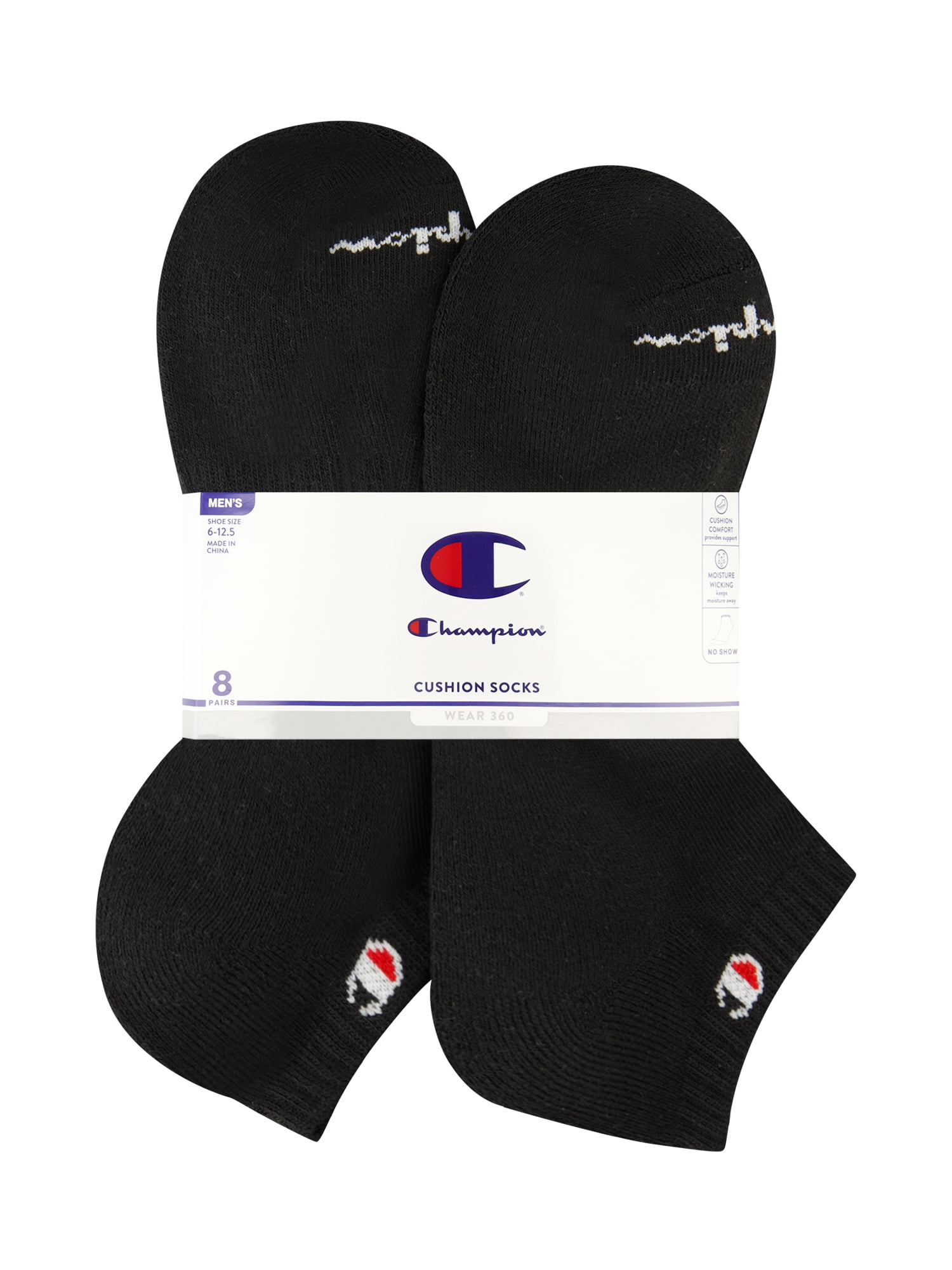 Champion Men’s No Show Socks 8 Pack – Half Terry Cushion, Moisture-Wicking, Arch Support, Stretch Comfort, Sizes 6–12.5