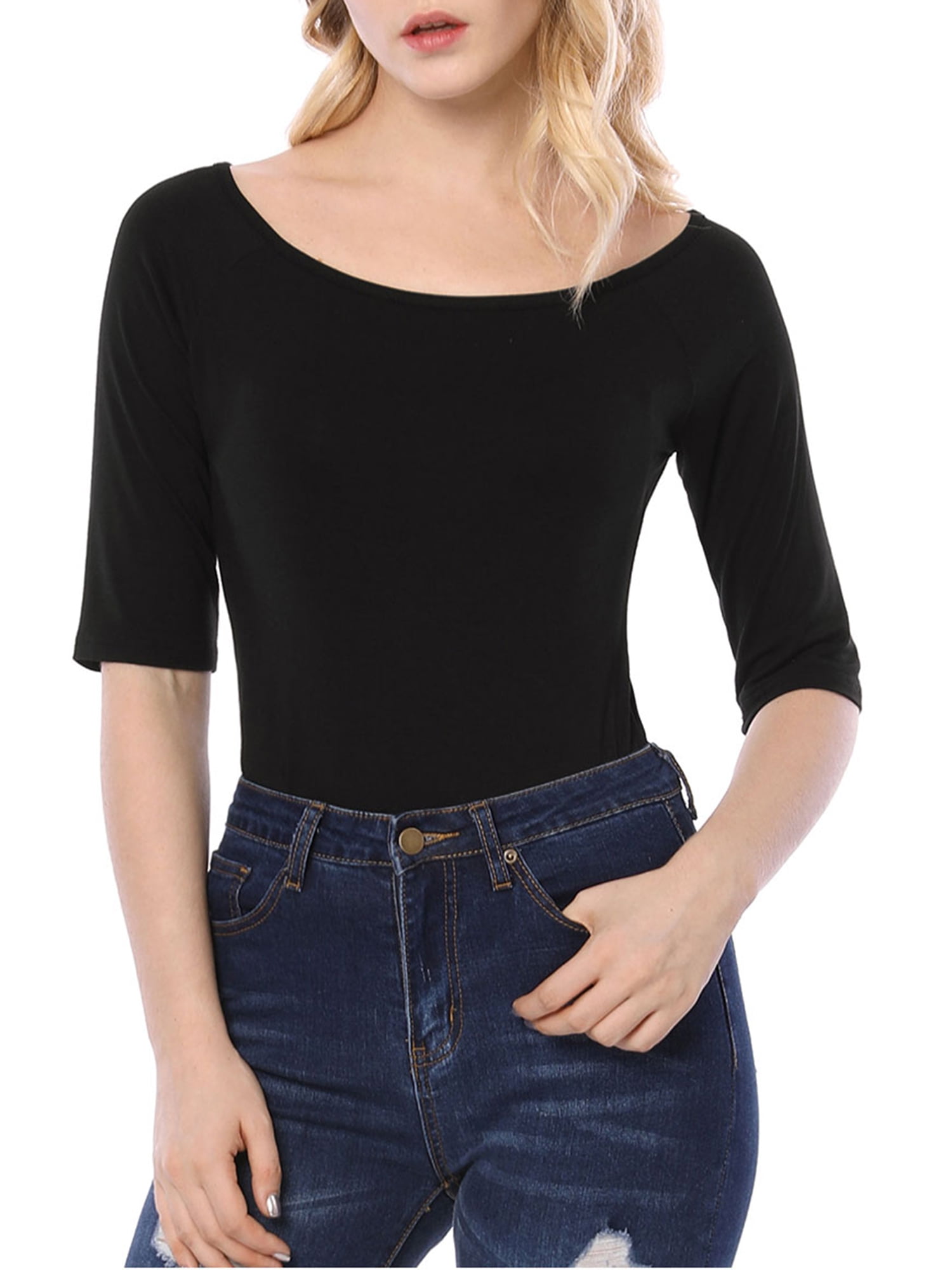 DARING DIVA Women's Slim Fit Pullover Boat Neck Stretchable T-Shirt 2XL Black