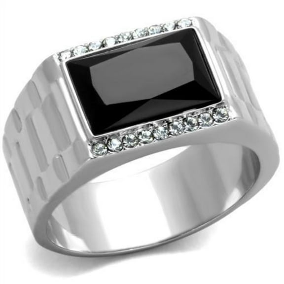 Luxe Jewelry Designs Stainless Steel Men's Ring with Black Jet Synthetic Onyx and Clear Stones -