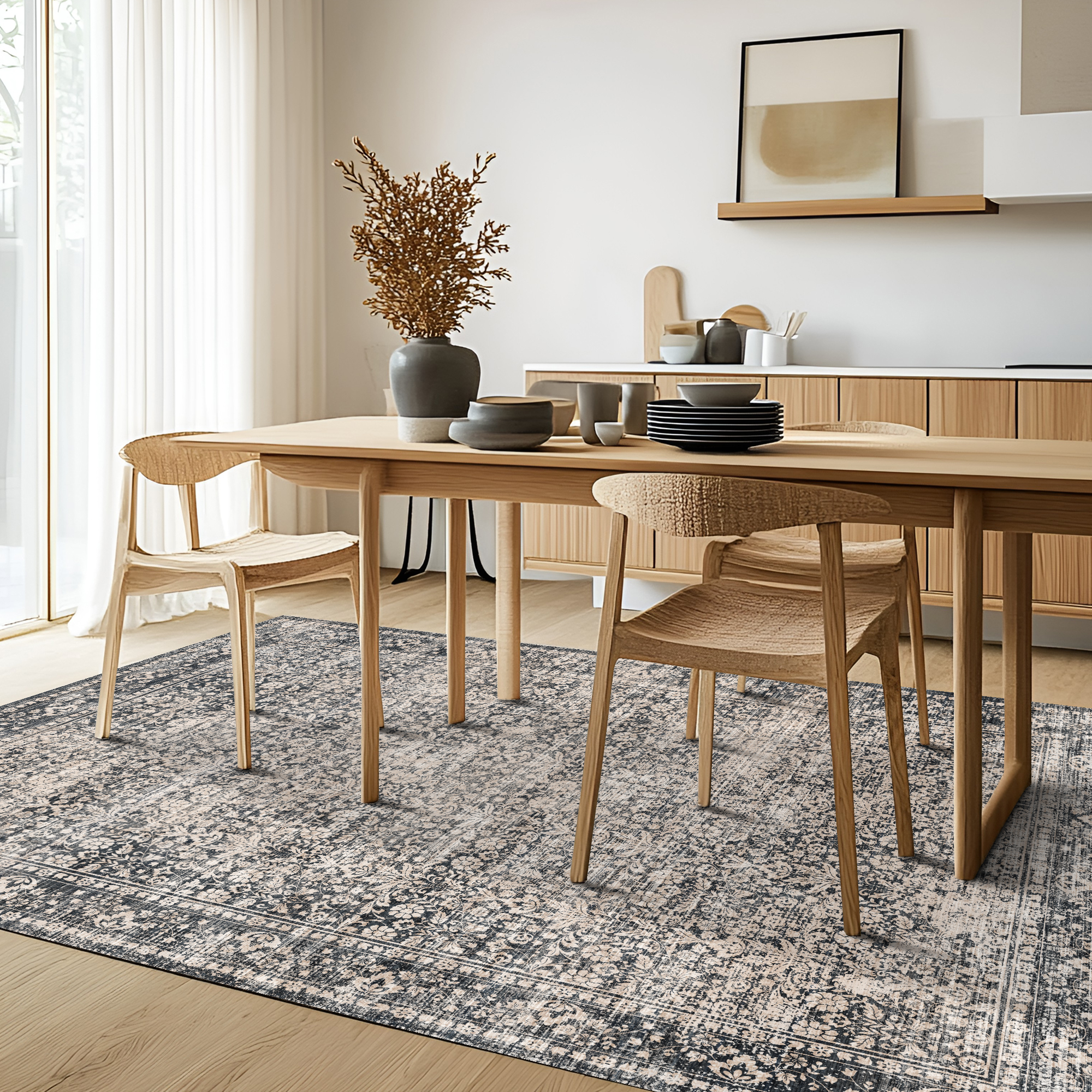 Pentantan 9'x12' Area Rugs, Washable Vintage Boho Rugs for Living Room, Retro Soft Indoor Carpet for Bedroom, Dining Room, Office, Black