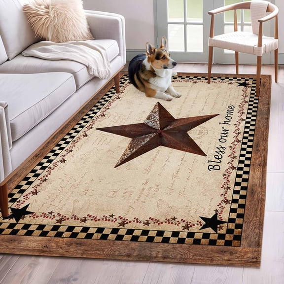 3'x5' Rug for Living Room Bedroom, Western Star Brown Washable Area Rugs Non-Slip Carpet Mats, Texas Stars Retro Farmhouse Buffalo Plaid Indoor Low Pile Area Rug Runner for Kitchen, Mudroom