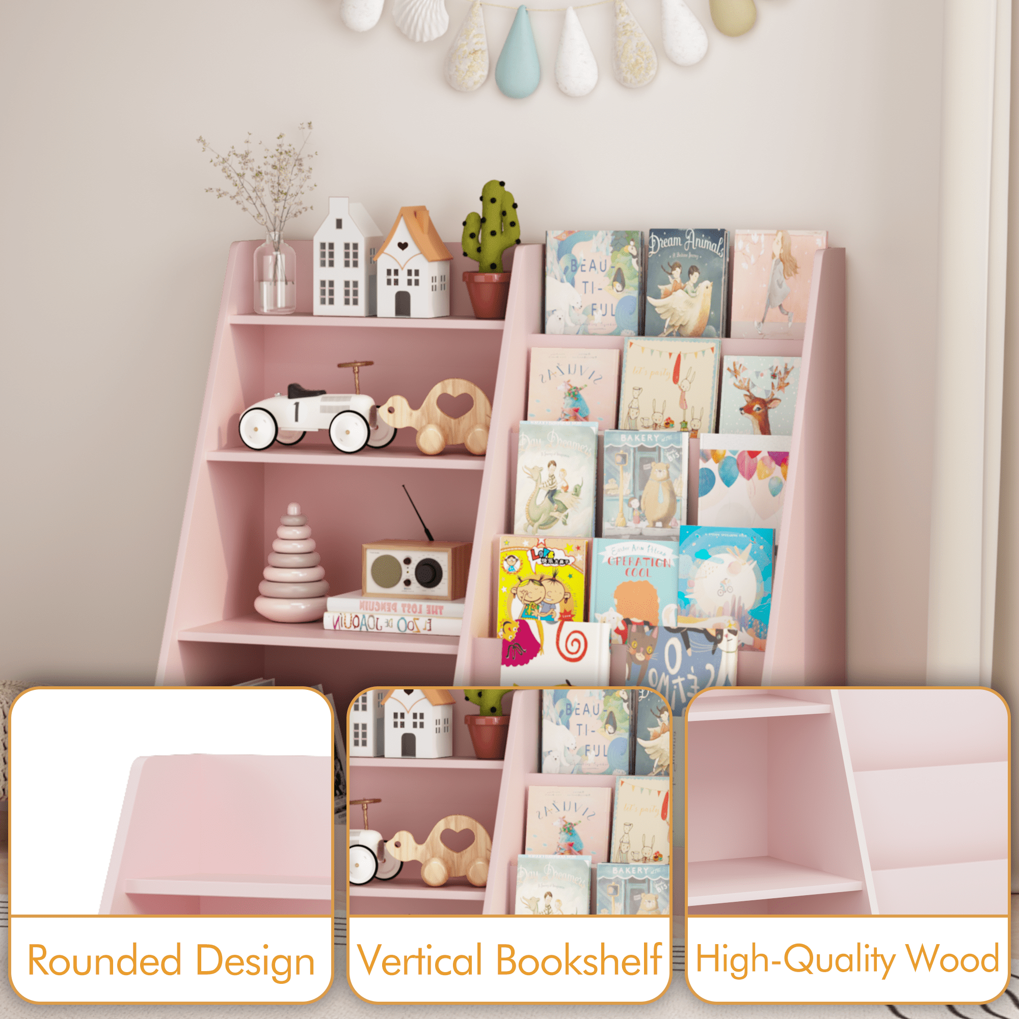 Miniyam Kids Bookshelf and Toy Organizer, 33.5-Inch Wood Book Rack for Kids Room, Pink