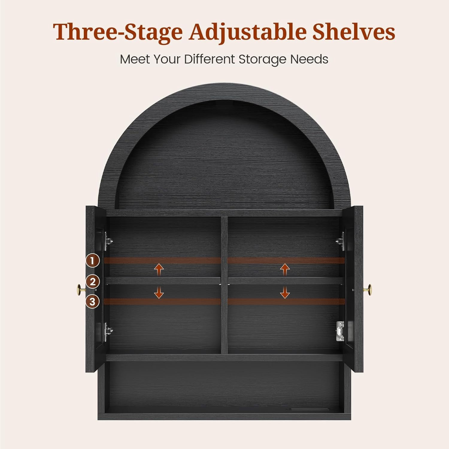 Bathroom Wall Cabinet, Arched Medicine Cabinet Over Toilet Storage with Adjustable Shelf and Open Compartment for Laundry Room Kitchen Living Room, Black