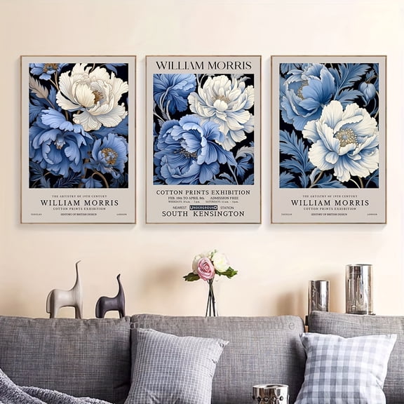 3pcs William Morris Blue & White Floral Canvas Prints - Frameless Wall Art for Living Room, Bedroom, Office Decor
