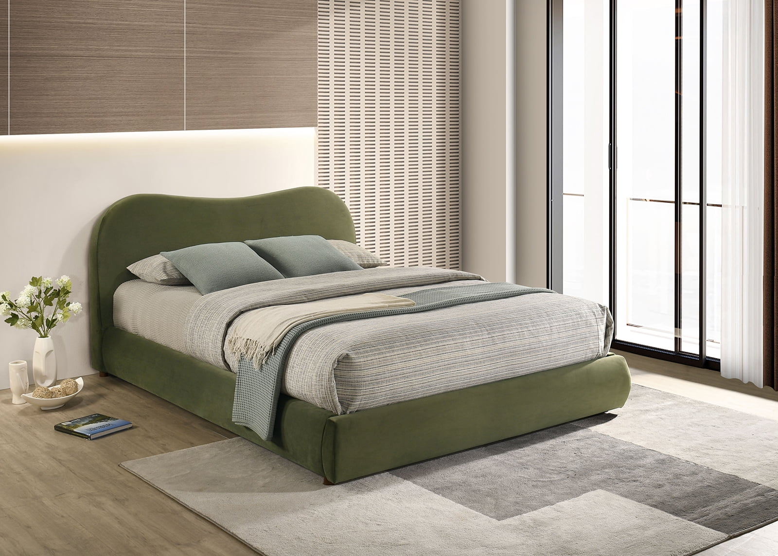 Bed Frame Olive Green Velvet Upholstered 1pc Queen Size Bed Curved Design Headboard Storage FB Bedroom Furniture Bedframe