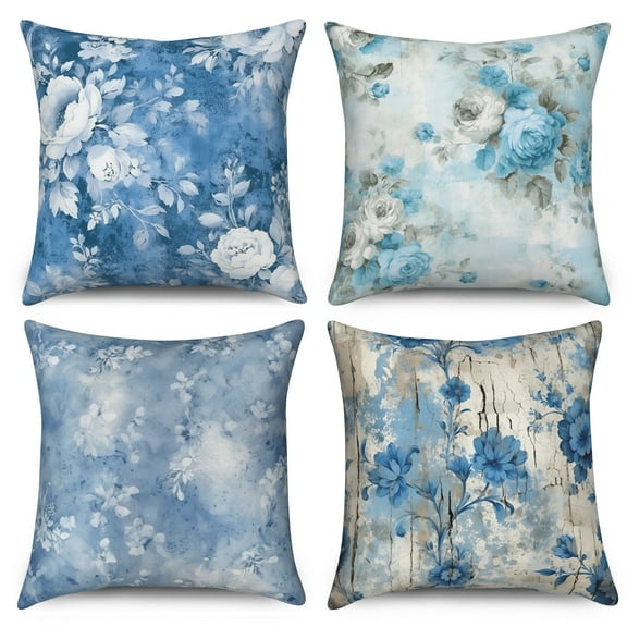 Rustic Blue Linen Throw Pillow Covers,Set of 4 18x18 Inch,Peony Cushion Cases for Home Decor Living Room Car