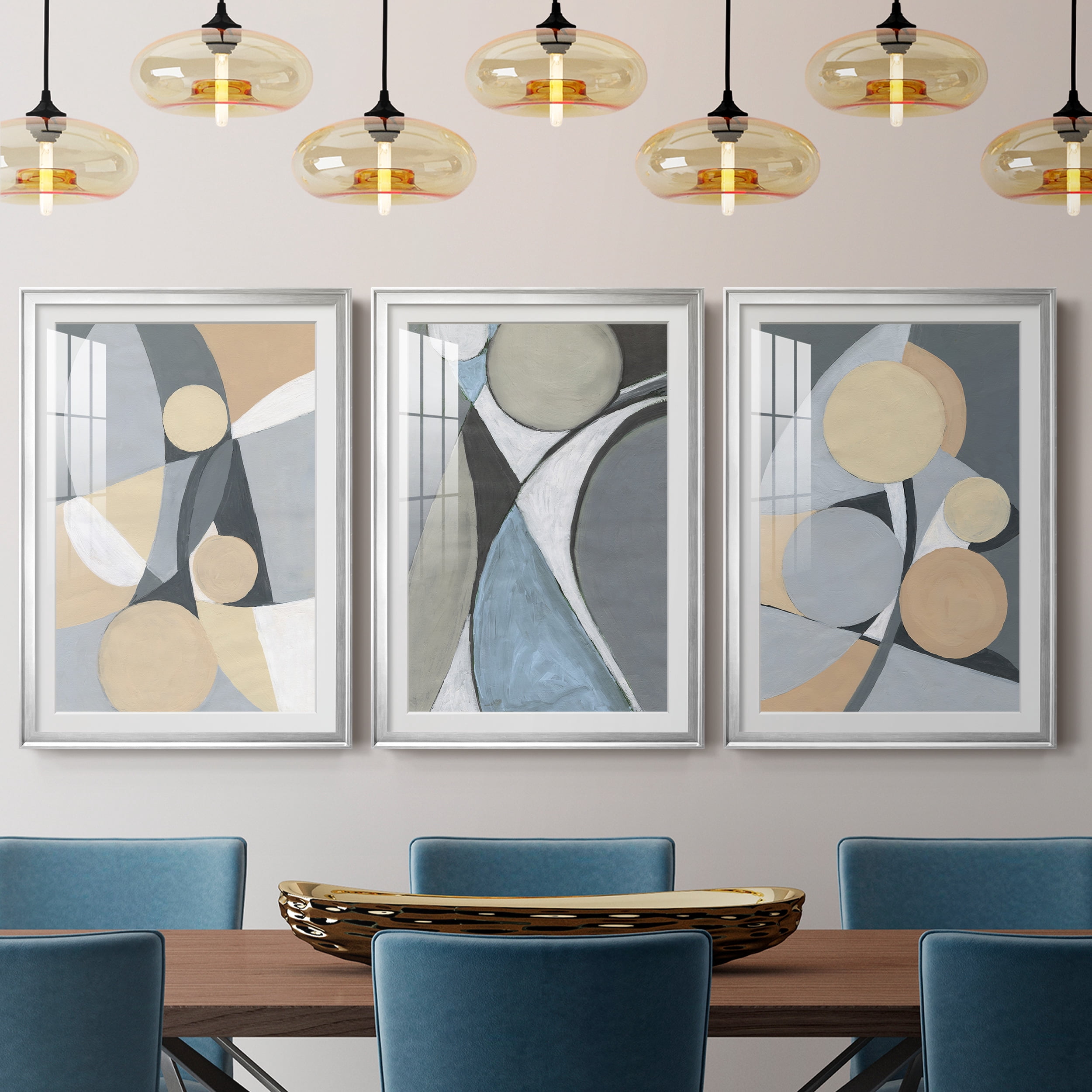 &nbsp;A Soft Jeweled Geometric II Premium Framed Prints Set of 3 - Ready to Hang - 26.5 x 36.5 Each - Silver Frame