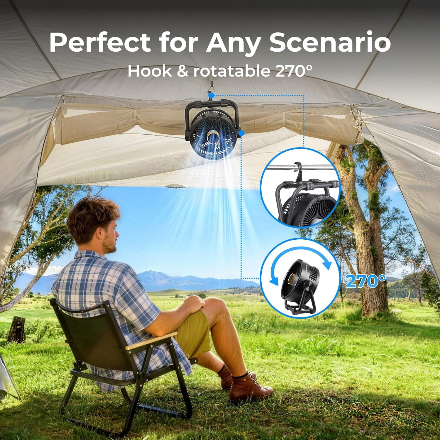 BougeRV Portable Rechargeable Fan, 20000mAh Battery Powered Fans with 4 Wind Speeds Hook Brighter Light  for Camping Outdoors Travel RV