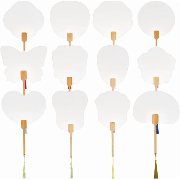 12 abanicos de papel con diseño de grafiti en blanco, 12 estilos, con mango de bambú y borlas, para pintar en blanco.
